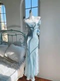 Modest Mermaid Spaghetti Straps Long Blue Prom Dress Evening Dresses HZ1024