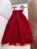 Elegant A line Spaghetti Straps Red Slim Fit Tulle Prom Dress Evening Dresses HZ1024