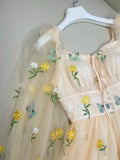 Elegant A Line Square Neckline Yellow Floral Lace Prom Dress Evening Dresses HZ1024