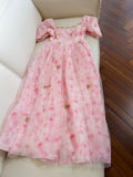 Elegant A Line Square Neckline Pink Floral Tulle Prom Dress Evening Dresses HZ1024