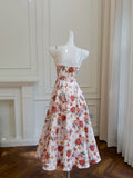 Elegant A Line Straps Neckline Pink Floral Satin Prom Dress Evening Dresses HZ1024