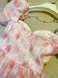 Simple A Line Short Sleeves Pink Tulle Floral Prom Dress Evening Dresses HZ1024