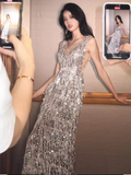Modest Mermaid V Neckline Silver Sequin Slit Long Prom Dresses HZ1024