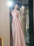 Modest Mermaid Strapless Shiny Satin Pink Long Prom Dresses HZ1024