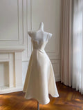 Modest A line Spaghetti Straps White Satin Ankle Length Prom Dress Formal Dresses HZ1024