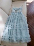 Modest A line Spaghetti Straps Light Sky Blue Tulle Ankle Length Prom Dress Formal Dresses HZ1024