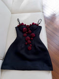 Cute A Line Straps Black Satin Homecoming Dresses Birthday Outfits With Flowers HZ1024