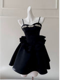 Cute A Line Spaghetti Straps Black Satin Homecoming Dresses Birthday Outfits With Beads HZ1024