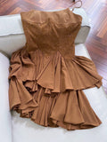 Modest A line Spaghetti Straps Brown Lace Short Homecoming Dresses Birthday Outfit HZ1024