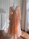Modest A line V Neckline Long Sleeves Blush Pink Lace Prom Dress Formal Dresses With Bow HZ1024