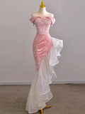 Sexy Mermaid Off The Shoulder Velvet Pink Long Prom Dresses Birthday Outfits HZ1024