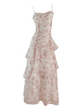Modest A Line Straps Chiffon Long Pink Floral Prom Dress Evening Dresses HZ1024