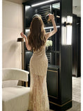 Modest Sheath Spaghetti Straps Sequin Long Champagne Prom Dress Evening Dresses HZ1024