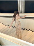 Modest Sheath Spaghetti Straps Sequin Long Champagne Prom Dress Evening Dresses HZ1024