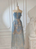 Modest A line Scoop Neckline Lace Blue Prom Dress Evening Dresses HZ1024