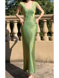 Modest A line U Neckline Short Sleeves Green Prom Dress Evening Dresses HZ1024