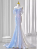 Sexy Mermaid Off The Shoulder Blue Long Prom Dresses Tulle Birthday Outfits HZ1024