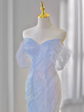Sexy Mermaid Off The Shoulder Blue Long Prom Dresses Tulle Birthday Outfits HZ1024
