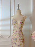 Modest Sheath Spaghetti Straps Lilac Floral Long Prom Dresses Evening Dress HZ1024