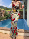Modest Sheath Spaghetti Straps Floral Red Long Prom Dresses Evening Dress HZ1024