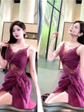 Modest Sheath Spaghetti Straps Lace Prom Dresses Ruffles Slit Evening Dress HZ1024