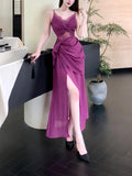 Modest Sheath Spaghetti Straps Lace Prom Dresses Ruffles Slit Evening Dress HZ1024