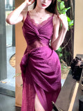 Modest Sheath Spaghetti Straps Lace Prom Dresses Ruffles Slit Evening Dress HZ1024