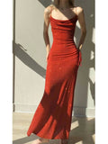 Modest Sheath Spaghetti Straps Red Sequin Prom Dresses Ruffles Evening Dress HZ1024