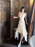 Pretty High Low Spaghetti Straps Chiffon Prom Dresses Evening Dress With Ruffles HZ1024