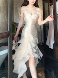 Pretty High Low Spaghetti Straps Chiffon Prom Dresses Evening Dress With Ruffles HZ1024