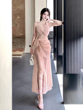 Pretty Sheath Spaghetti Straps Pink Prom Dresses Slit Evening Dress With Lace HZ1024