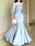 Pretty Mermaid Square Neckline Light Sky Blue Silk Satin Prom Dresses Sexy Evening Dress HZ1024