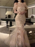 Pretty Mermaid High Neckline White Tulle Floral Prom Dresses Sexy Evening Dress HZ1024