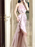 Pretty High Low Scoop Neckline Pink Silk Satin Prom Dresses Sexy Evening Dress HZ1024