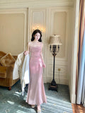 Pretty Mermaid Spaghetti Straps Sequin Pink Slit Long Prom Dresses HZ1024