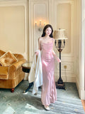 Pretty Mermaid Spaghetti Straps Sequin Pink Slit Long Prom Dresses HZ1024