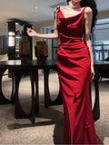 Pretty Mermaid Spaghetti Straps Burgundy Satin Slit Long Prom Dresses HZ1024