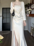 Pretty Sheath Square Neckline Long Sleeves Slit Prom Dresses HZ1024