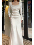 Pretty Sheath Square Neckline Long Sleeves Slit Prom Dresses HZ1024
