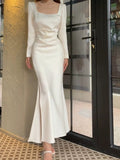 Pretty Sheath Square Neckline Long Sleeves Slit Prom Dresses HZ1024
