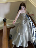 Pretty Sheath Spaghetti Straps Satin Long Prom Dresses HZ1024