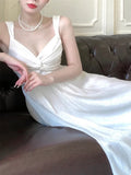 Sexy A line Straps Sleeveless White Chiffon Long Prom Dresses HZ1024