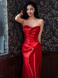 Sexy Mermaid Sweetheart Satin Long Prom Dresses Red Slit Birthday Outfits HZ1024