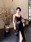 Pretty Sheath Spaghetti Straps Black Ankle Length Prom Dresses Evening Dress HZ1024