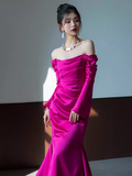 Sexy Mermaid Off The Shoulder Hot Pink Long Sleeves Prom Dresses Satin Birthday Outfits HZ1024