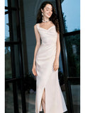 Classy Sheath Straps Sleeveless Ivory Satin Knee Length Prom Dresses Evening Dress HZ1024