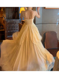 Classy A Line Spaghetti Straps Ivory Chiffon Long Prom Dresses Evening Dress With Layers HZ1024