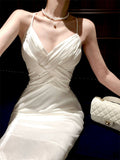 Classy Sheath Spaghetti Straps Sleeveless White Long Prom Dresses Evening Dress HZ1024