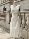 Classy A Line Spaghetti Straps Ivory Chiffon Tea Length Prom Dresses Evening Dress With Split HZ1024