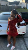 Sparkly One Shoulder Bodycon Velvet Feather Sequin Party Dress Red Homecoming Dresses HZ1024